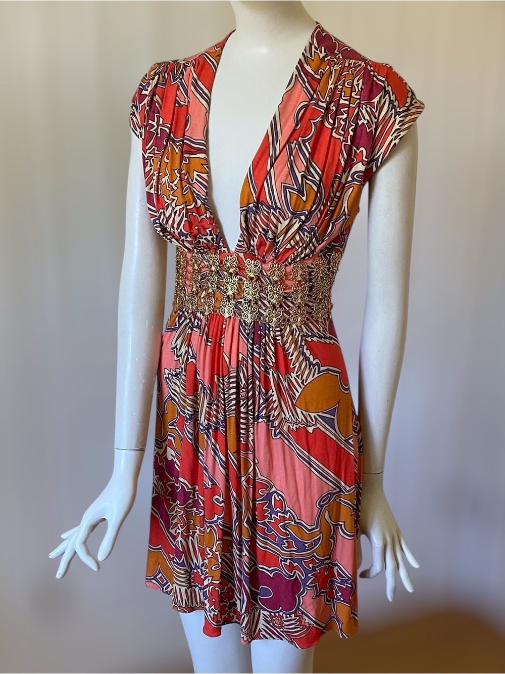 Vintage Y2K Sky Brand orange print short sleeve mini dress gold metal detail M
